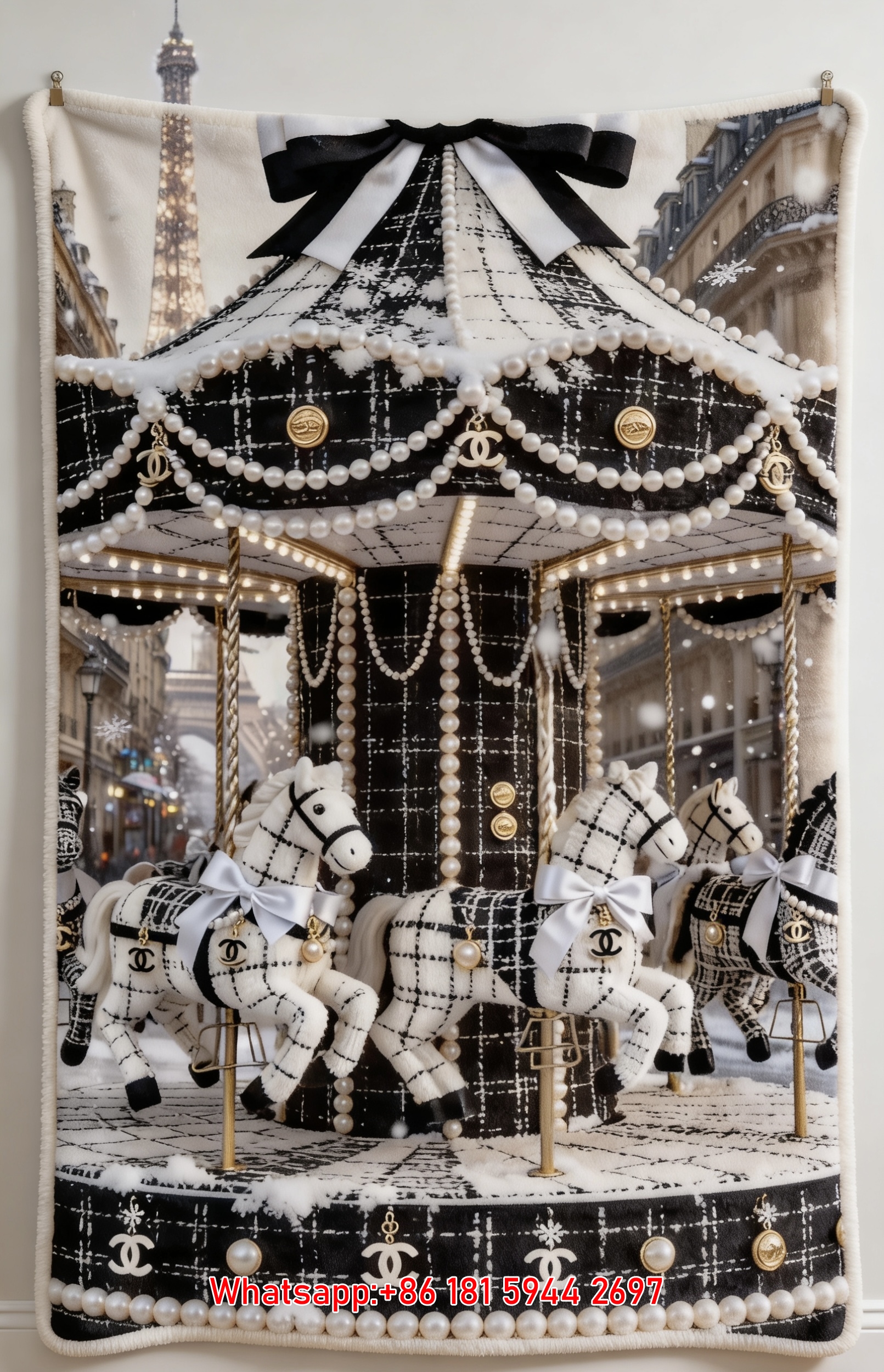 Luxury Chanel Tweed Carousel Flannel Throw Blanket  Paris Eiffel Tower Pearl Print IMG_7200